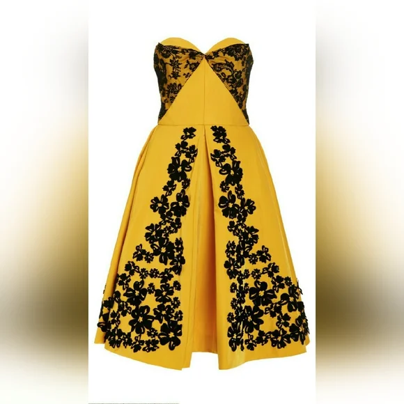 °$7000 NEW OSCAR DE LA RENTA BEAUTIFUL RUNWAY BLK YELLOW SILK BEAD DRESS US 10